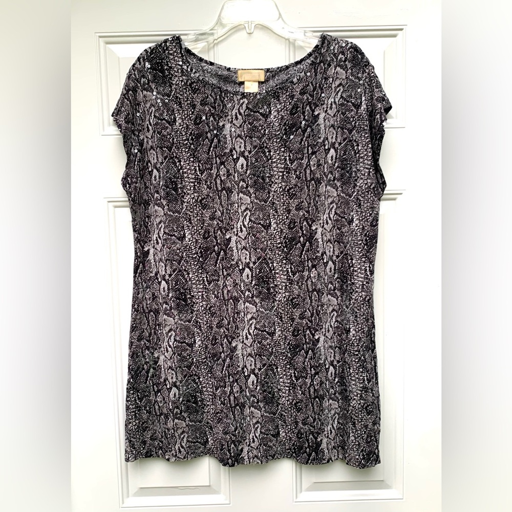 Miss Tina Women Top XL Charcoal Blouse Casual Shirt Snakeskin Stretch Short SLV
